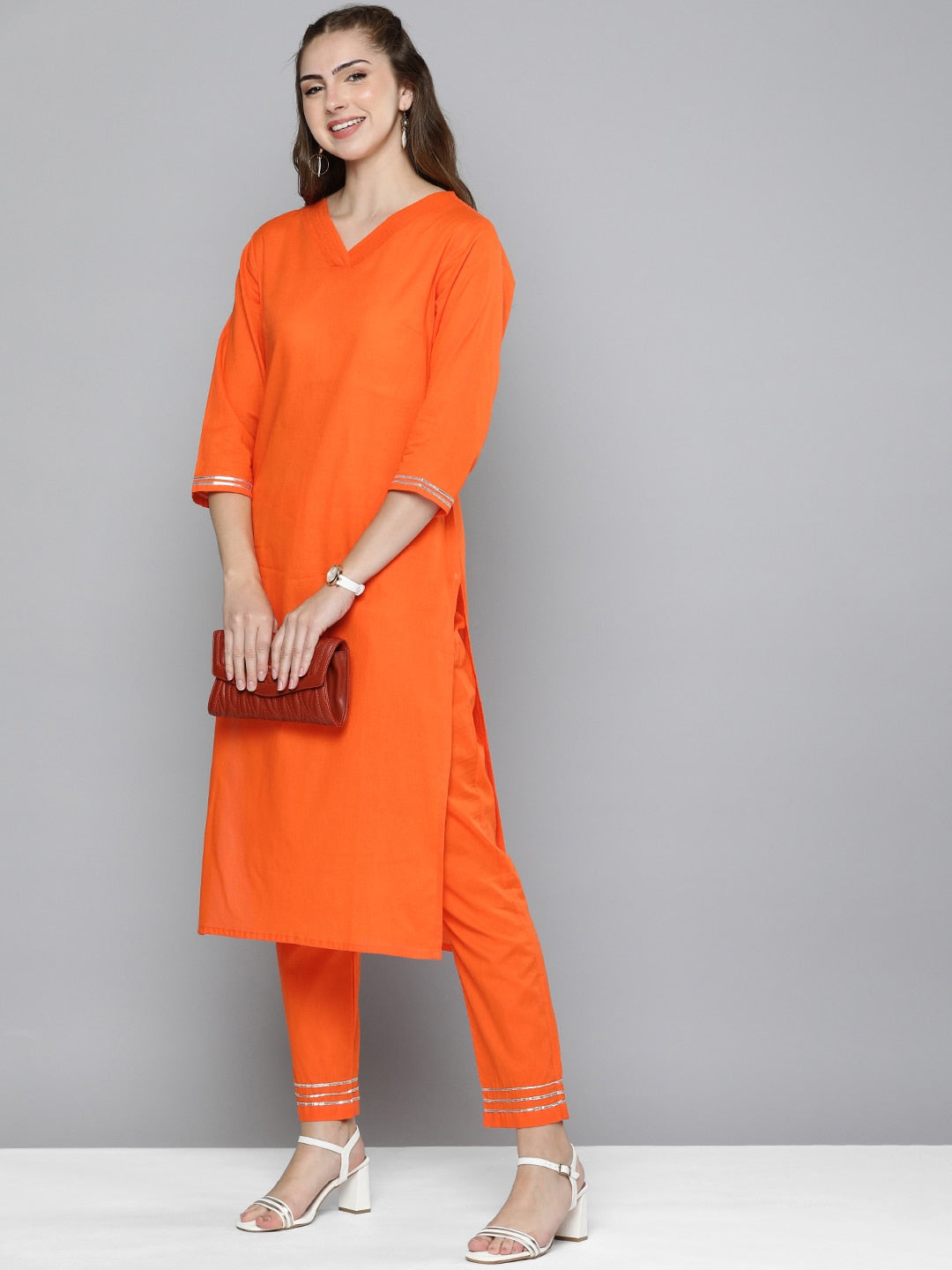 HERE&NOW Women Regular Gotta Patti Pure Cotton Kurta with Trousers - Distacart