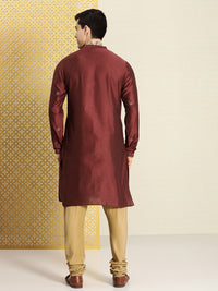 Thumbnail for House of Pataudi Men Maroon Floral Yoke Design Jashn Kurta - Distacart