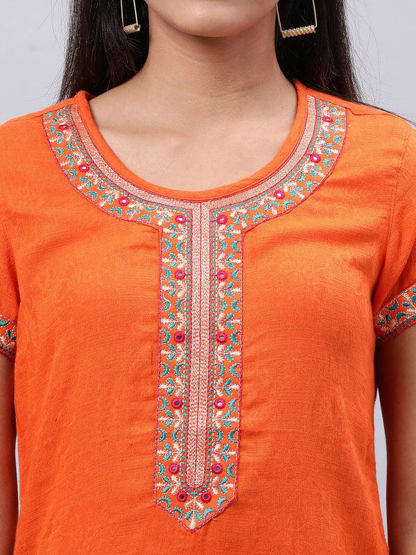 Souchii Orange Floral Embroidered Mirror Work Mirror Work Kurti - Distacart