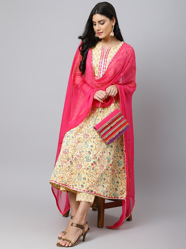 Khushal K Floral Printed A-Line Gotta Patti Pure Cotton Kurta with Palazzos & Dupatta - Distacart