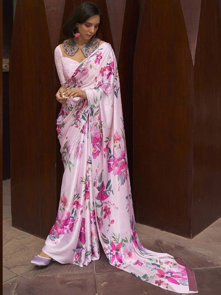 Mitera Pink & Red Floral Satin Saree - Distacart