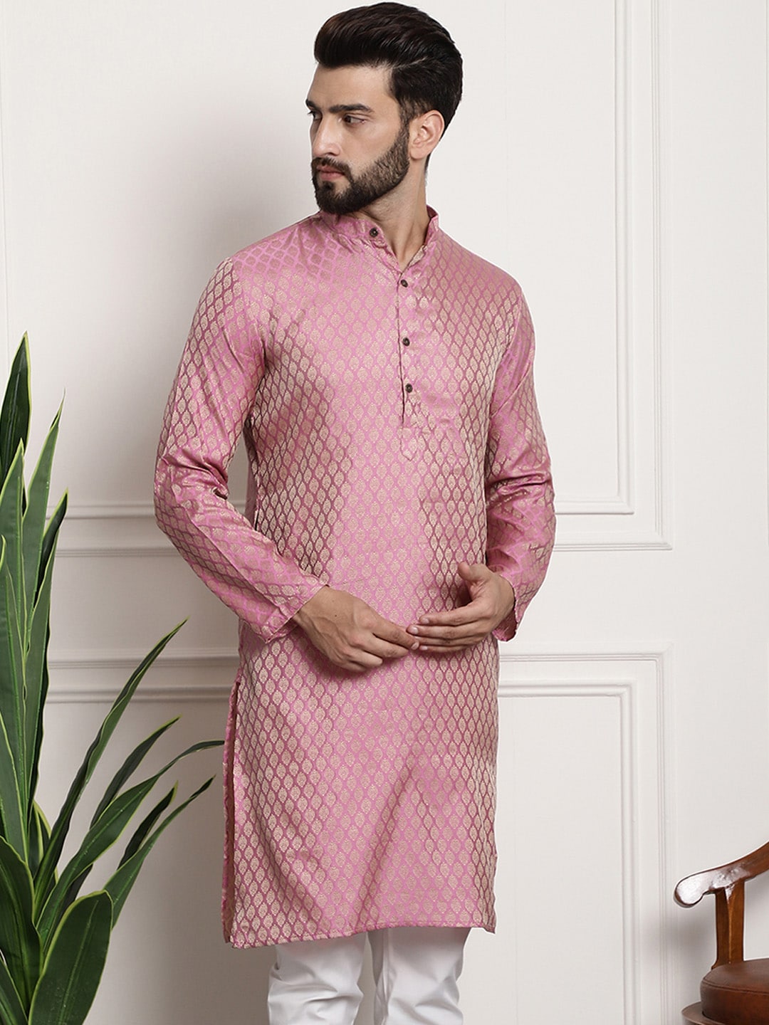 Sojanya Men Pink & Beige Ethnic Motifs Jacquard Woven Design Straight Kurta - Distacart