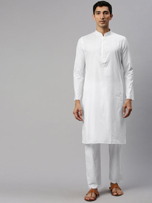 Manyavar Men White Self Design Kurta with Pyjamas - Distacart