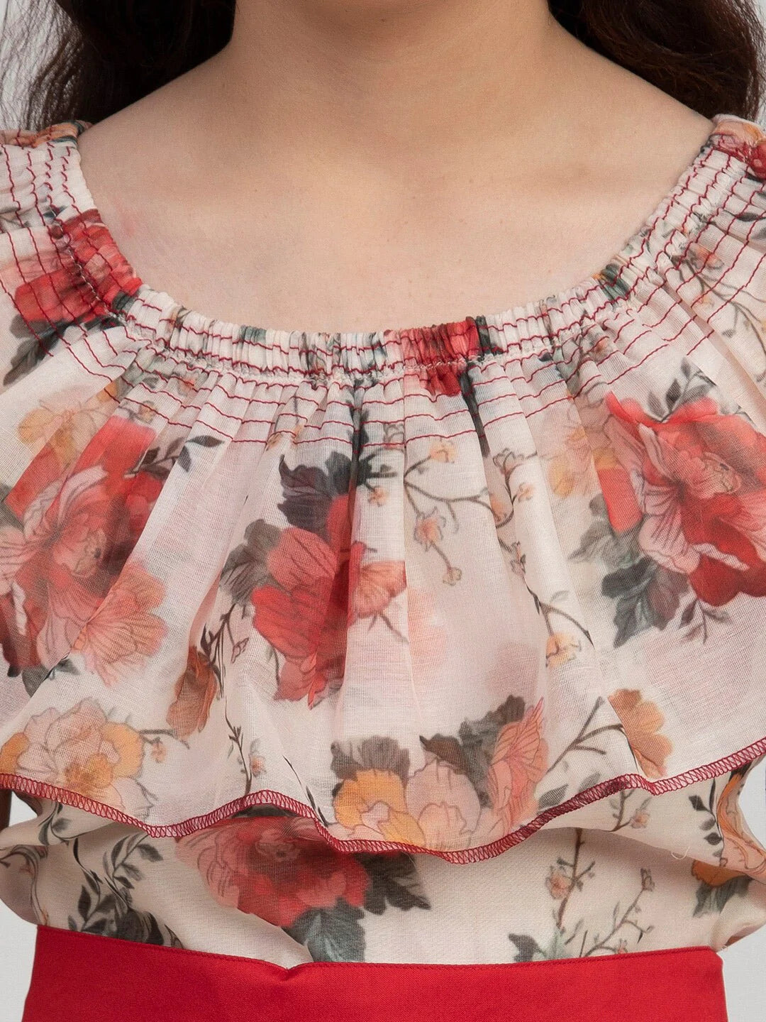 NOZ2TOZ Off White & Red Floral Print Maxi Dress For Girls - Distacart