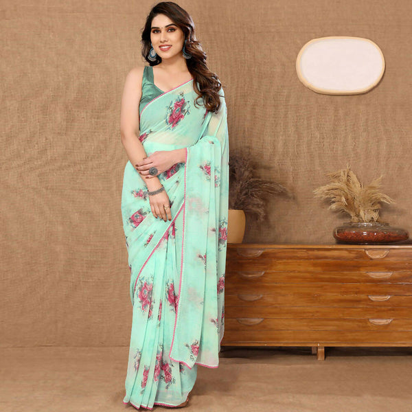 Women's Partywear Designer Firozi Georgette Fancy Saree - Satrangi - Distacart