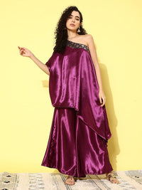 Thumbnail for InWeave Women's Wine Navy Brocade Satin Oneshoulder Kurta Set - Distacart