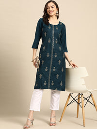 Thumbnail for Sangria Teal Blue & Golden Embroidered Regular Kurta - Distacart