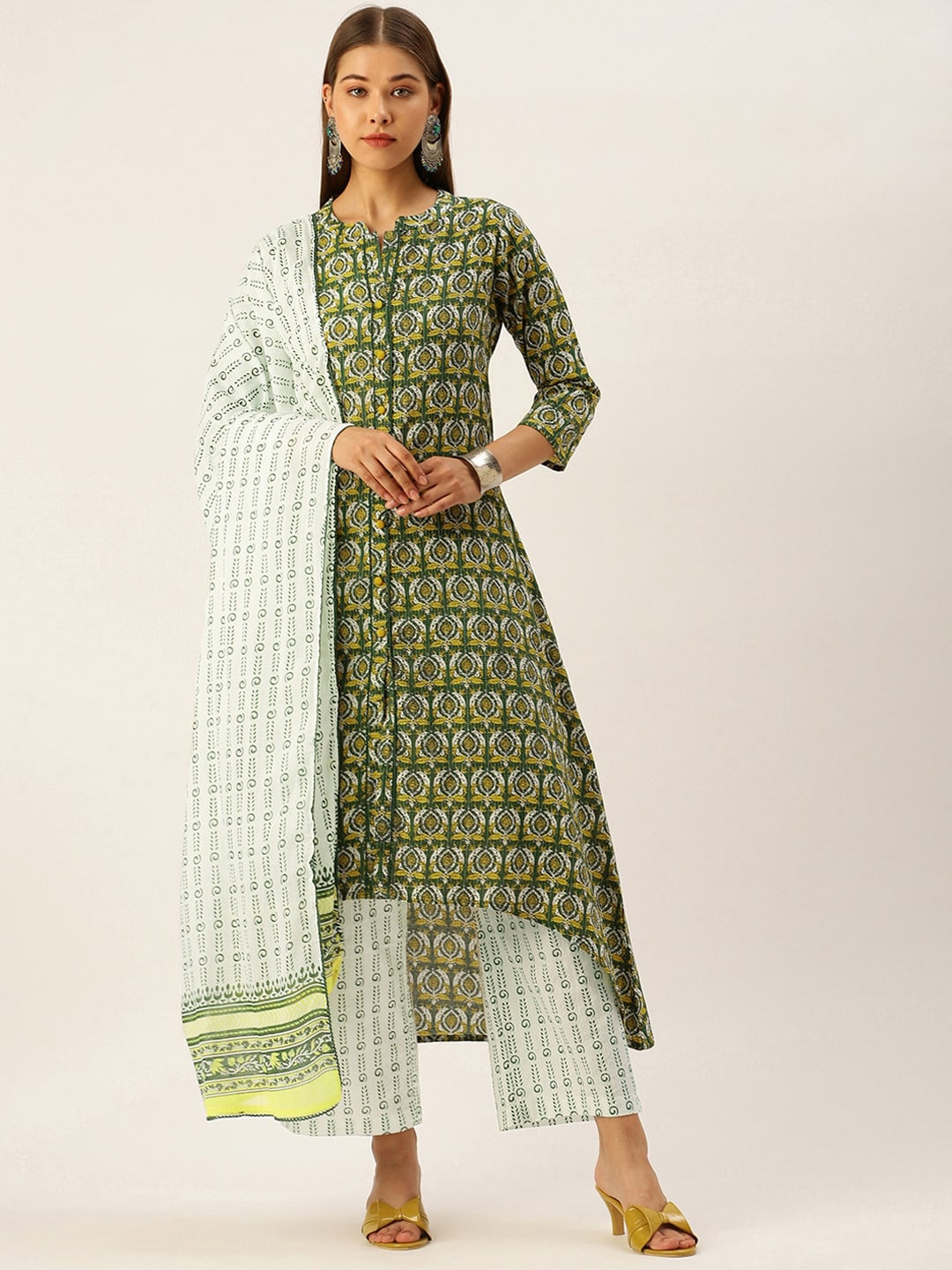 HERE&NOW Women Ethnic Motifs Printed Empire Pure Cotton Kurta with Palazzos & With Dupatta - Distacart