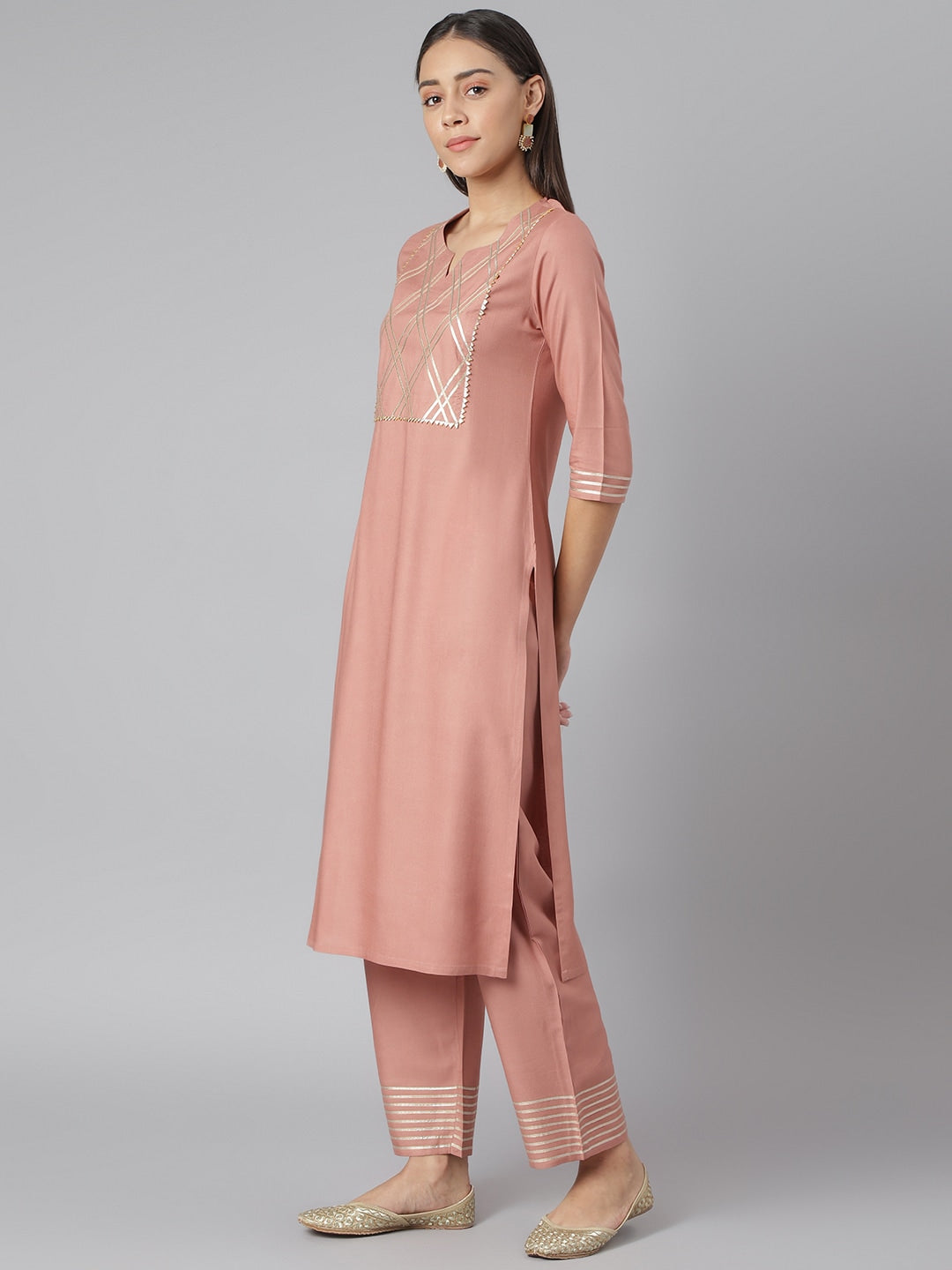Khushal K Women Peach-Coloured Slim Fit Yoke Design Kurta with Palazzos - Distacart