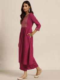 Thumbnail for Sangria Women Magenta & Golden Printed Kurta with Palazzos & Dupatta - Distacart