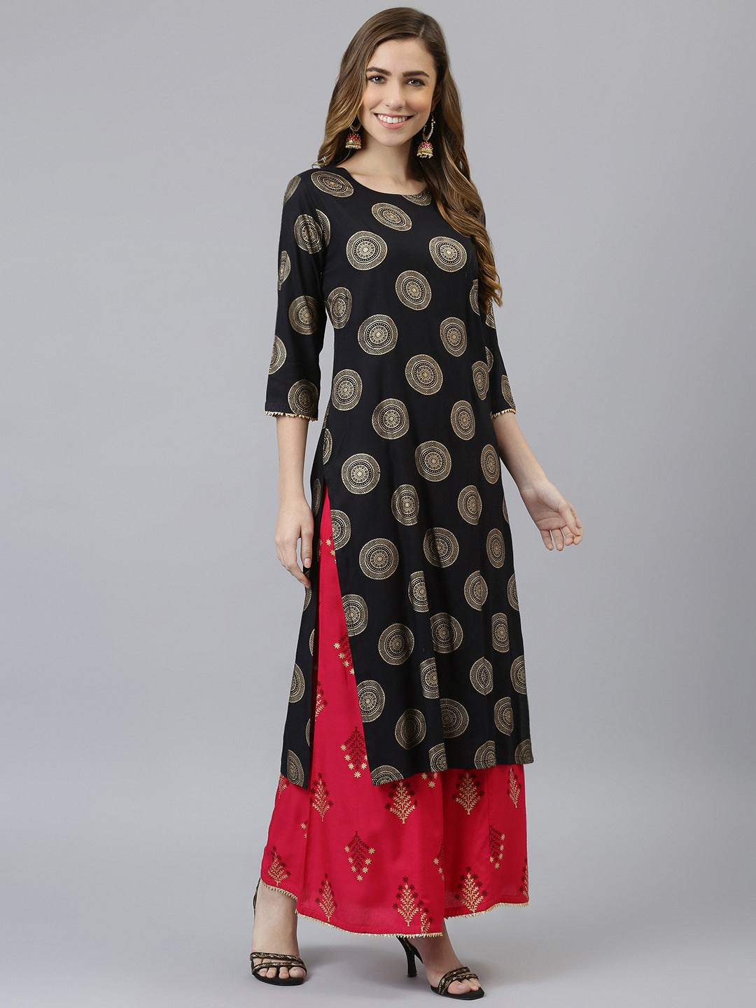 Khushal K Women Black & Gold-Toned Printed Kurta with Palazzos - Distacart