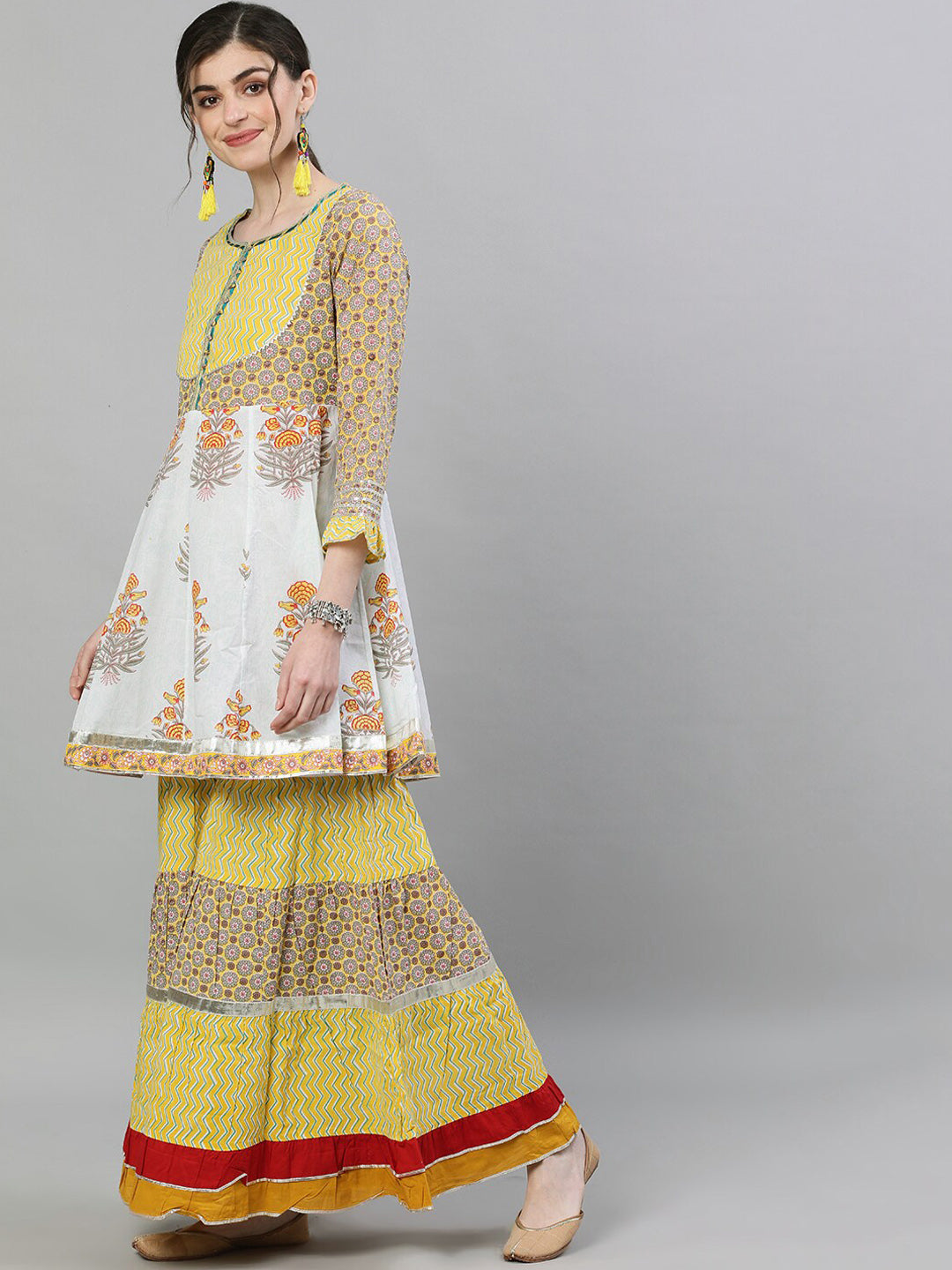 Ishin Women Mustard Yellow & Grey Printed Kurti with Skirt & Dupatta - Distacart