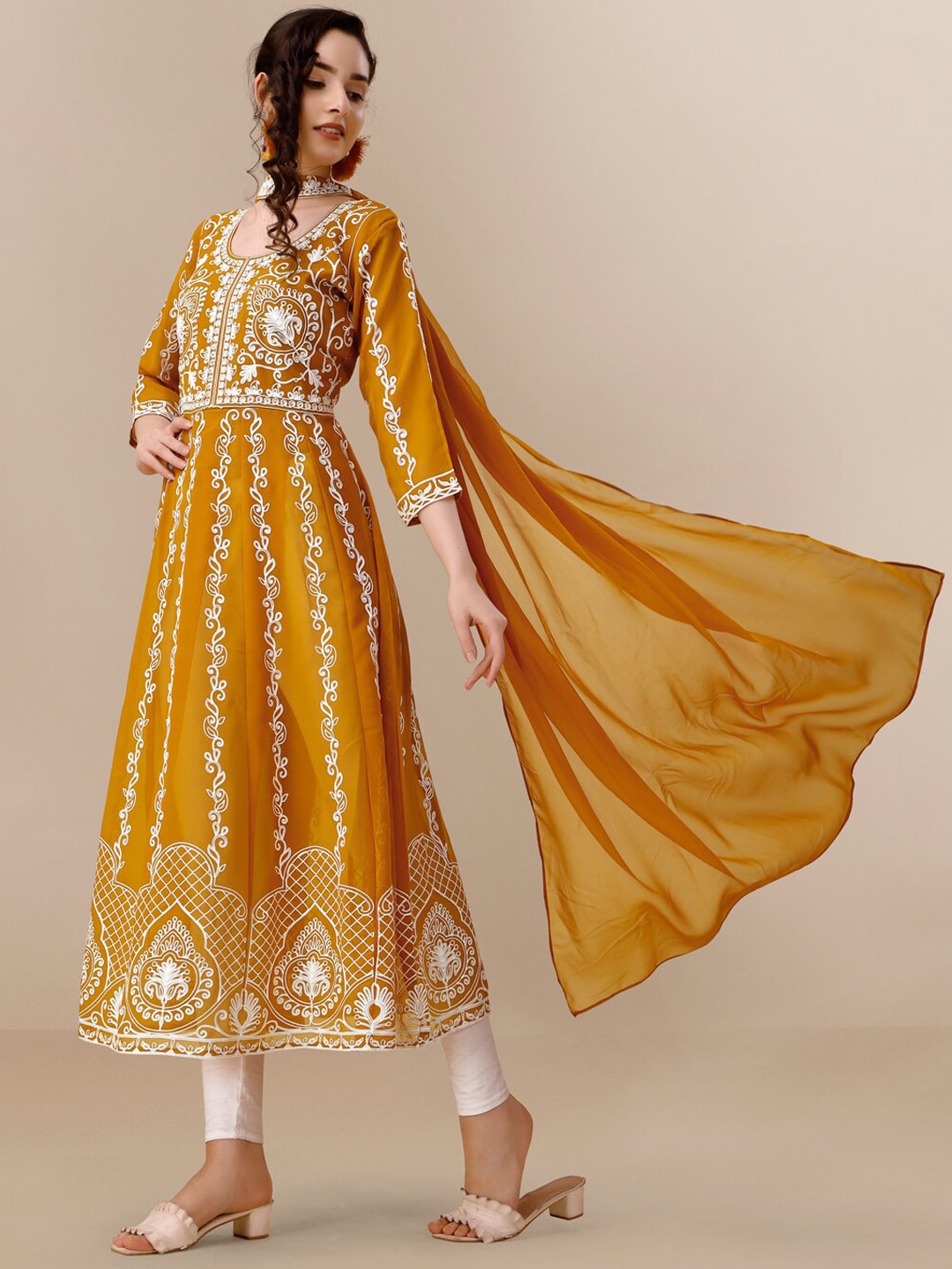HERE&NOW Floral Lucknowi Chikankari Embroidered Georgette Anarkali Kurta with Dupatta - Distacart