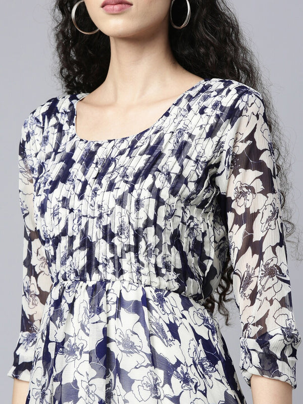 Souchii White Floral Layered Chiffon Empire Midi Dress - Distacart