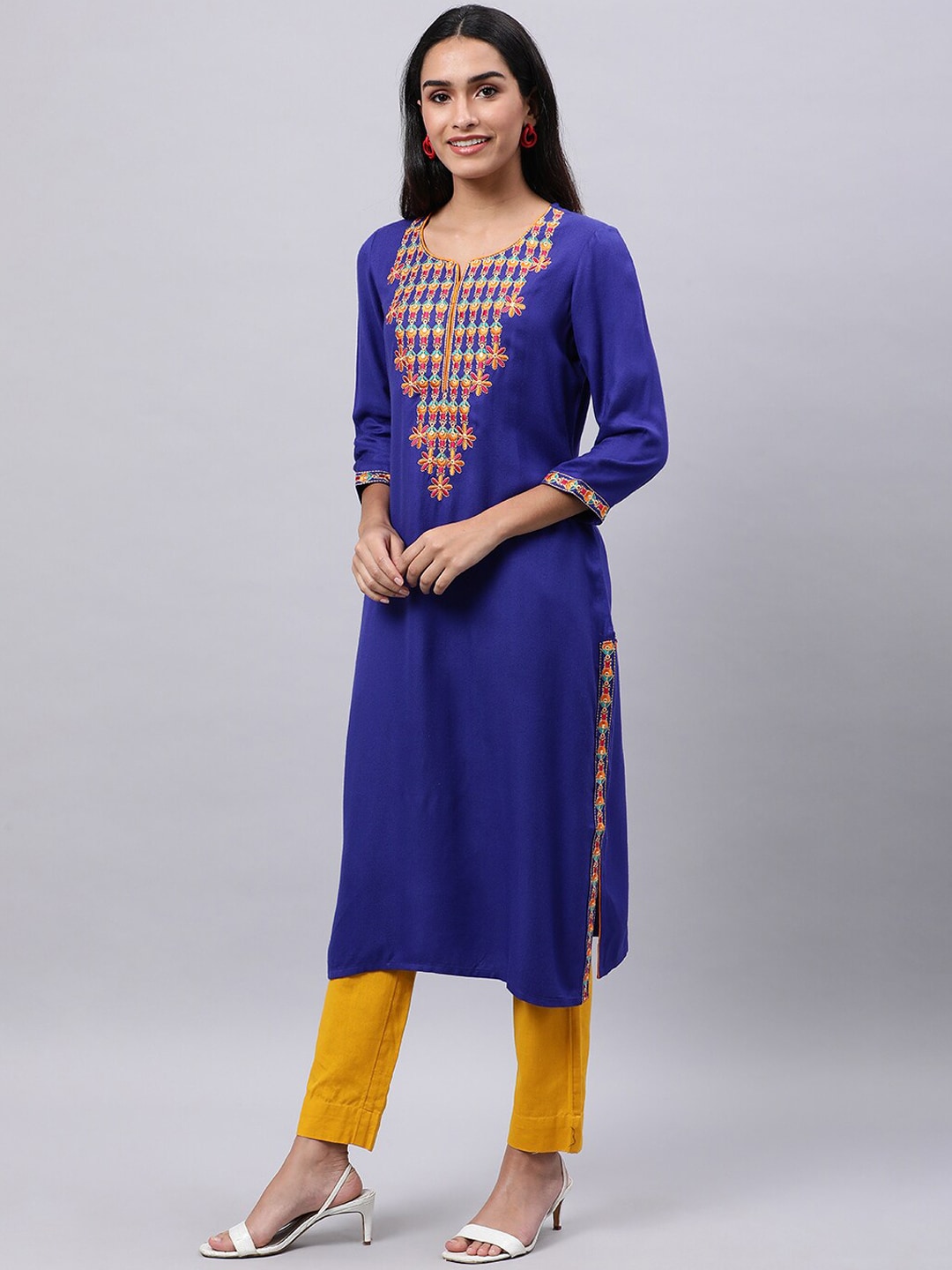 Souchii Blue & cool black Embroidered Mirror Work Grandeur & Majestic Artwork Kurta - Distacart