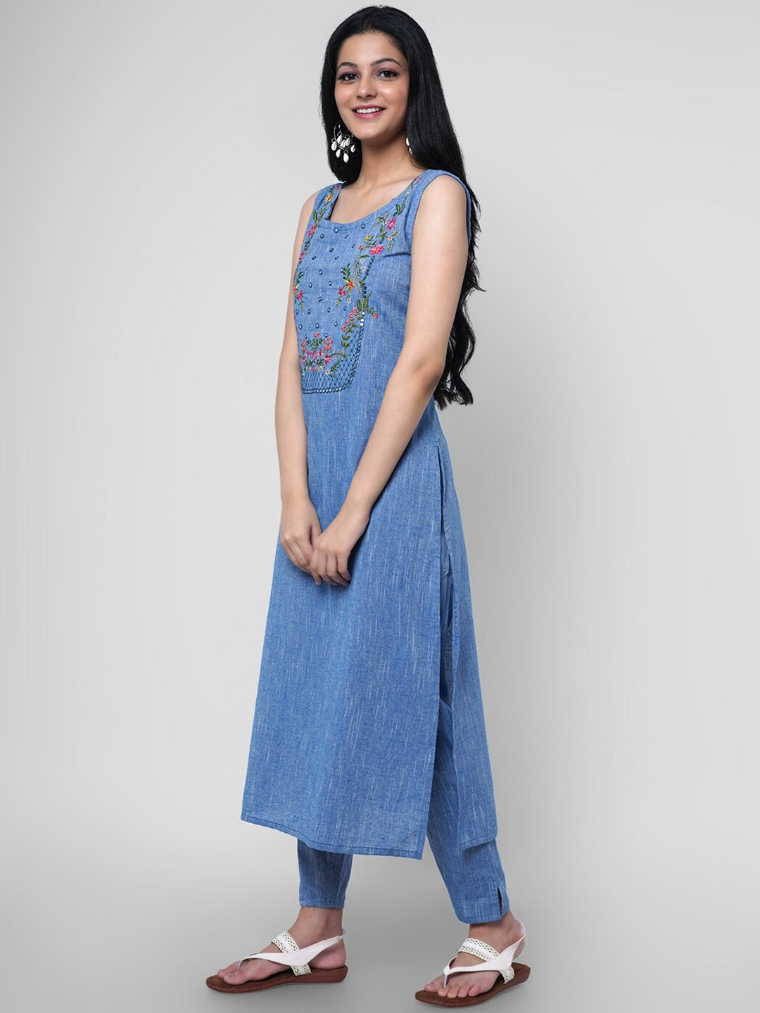 Kalini Women Blue Floral Yoke Design Thread Work Pure Cotton Kurta with Trousers - Distacart