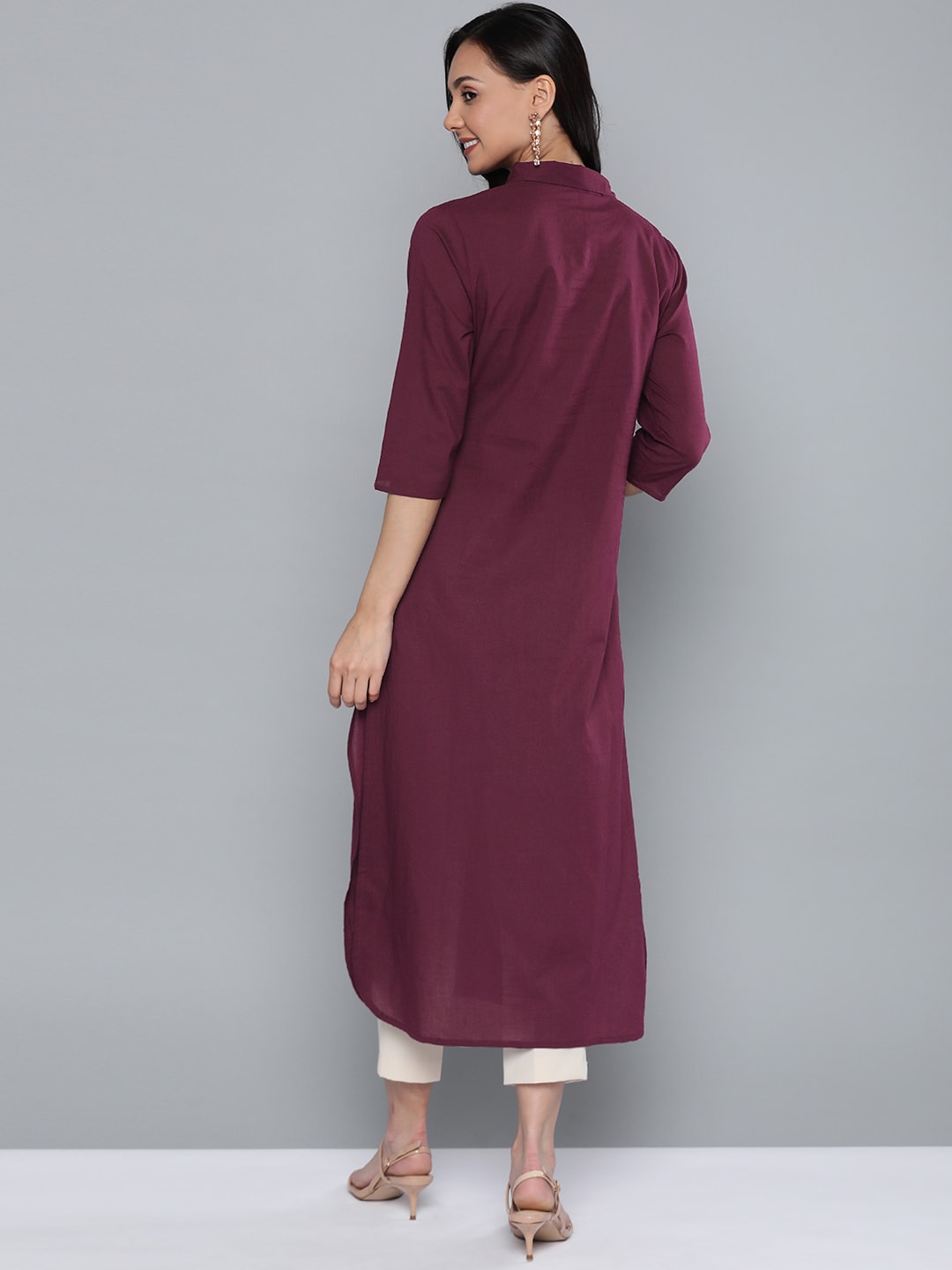 HERE&NOW Women Burgundy Cotton Solid Pathani Kurta - Distacart