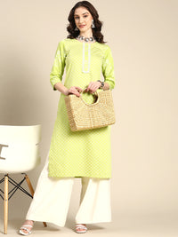 Thumbnail for Sangria Women Lime Green Printed Satin Kurta - Distacart