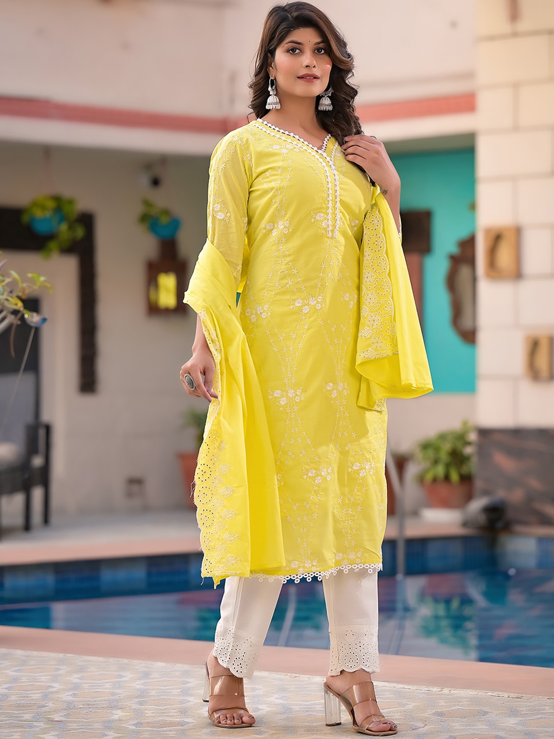 Sangria Yellow Embroidered Pure Cotton Straight Kurta With Trouser & Dupatta - Distacart