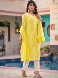 Thumbnail for Sangria Yellow Embroidered Pure Cotton Straight Kurta With Trouser & Dupatta - Distacart