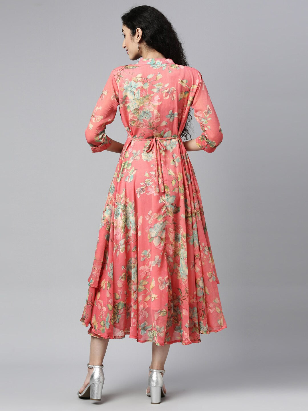 Souchii Pink & Green Floral Layered A-Line Midi Dress - Distacart