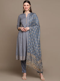 Thumbnail for HERE&NOW Chevron Printed Anarkali Kurta with Trousers & Dupatta - Distacart