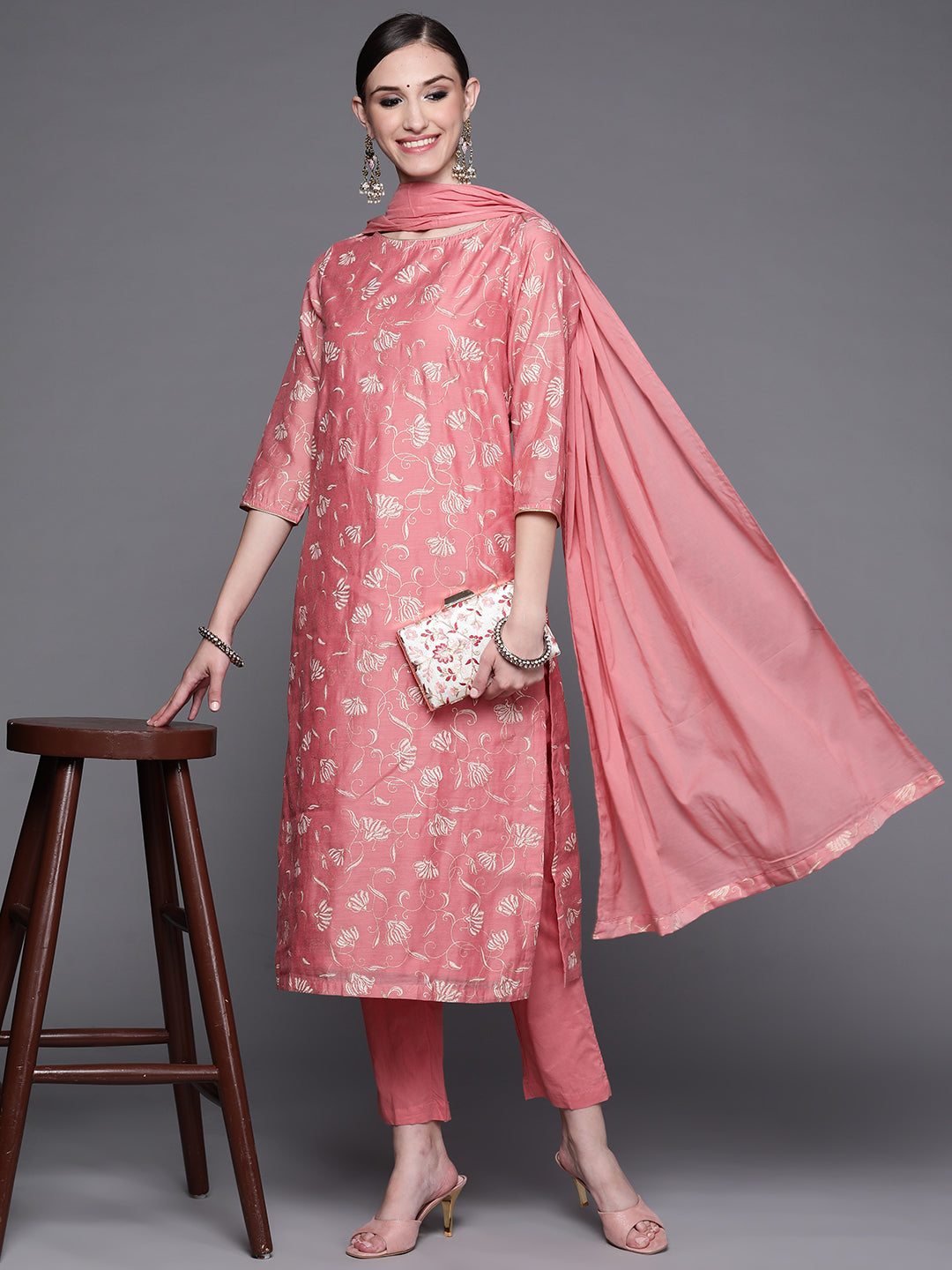 Biba Women Pink & Golden Ethnic Motifs Kurta with Trousers & Dupatta - Distacart