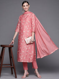 Thumbnail for Biba Women Pink & Golden Ethnic Motifs Kurta with Trousers & Dupatta - Distacart