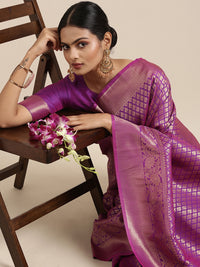 Thumbnail for Saree Mall Purple Ethnic Motifs Zari Silk Blend Banarasi Sarees - Distacart