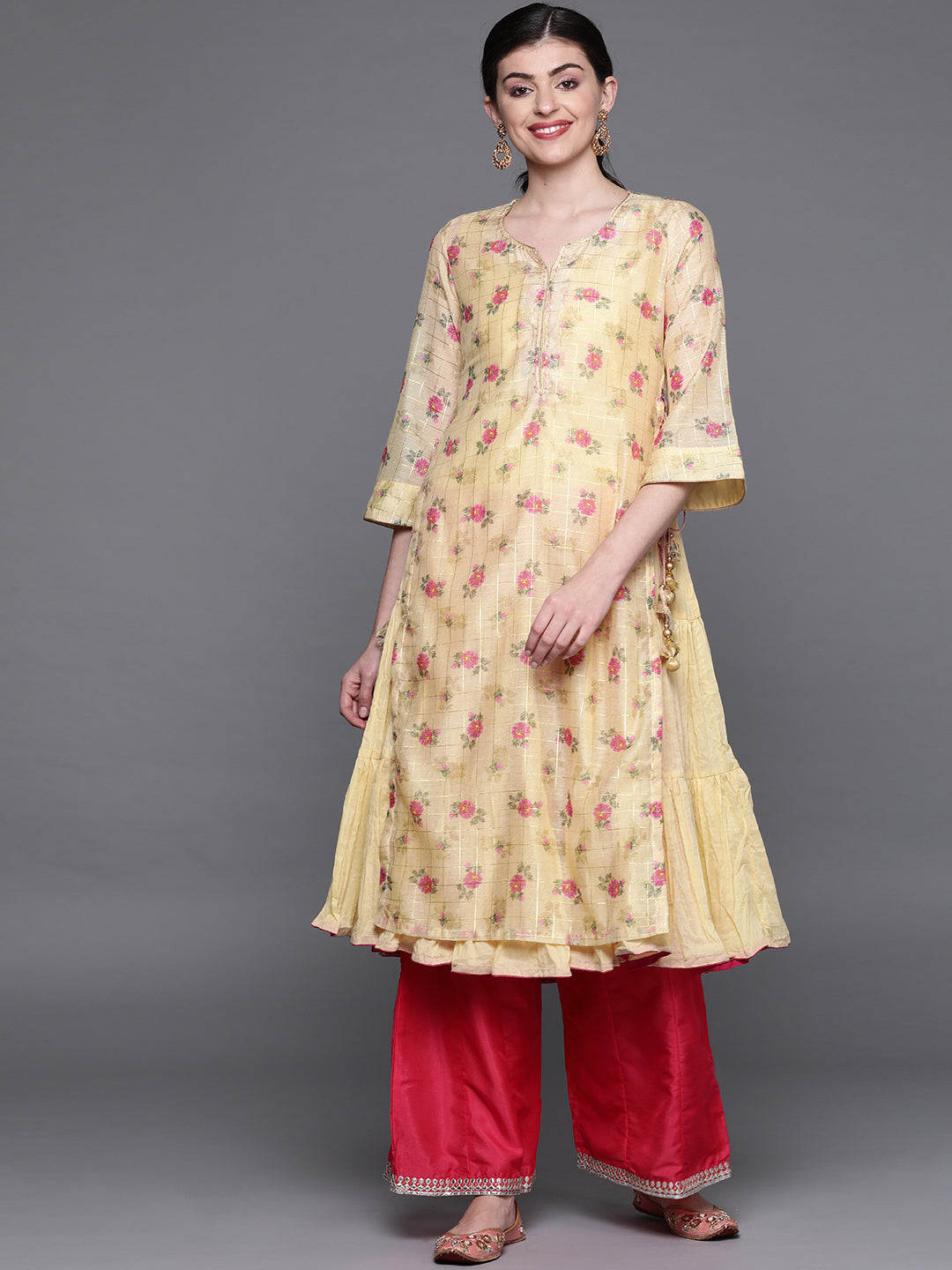 Biba Women Yellow & Pink Printed Layered Tiered A-Line Kurta - Distacart