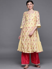 Thumbnail for Biba Women Yellow & Pink Printed Layered Tiered A-Line Kurta - Distacart