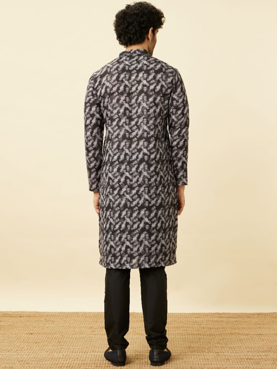Manyavar Black Panther Printed Mandarin Collar Kurta and Churidar - Distacart