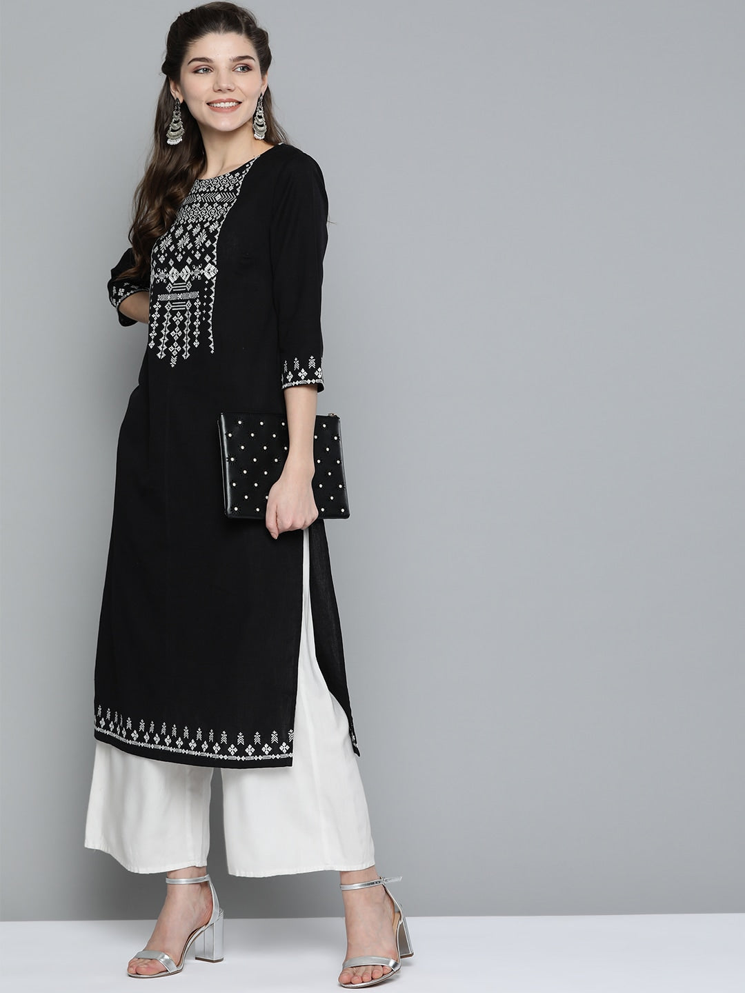 HERE&NOW Women Black & White Geometric Embroidered Thread Work Kurta - Distacart