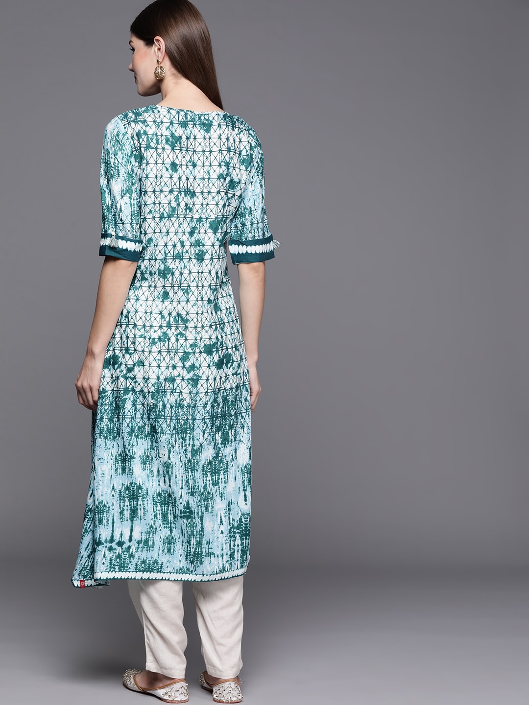 Biba Women Green & White Geometric Dyed Kurta with Mask - Distacart