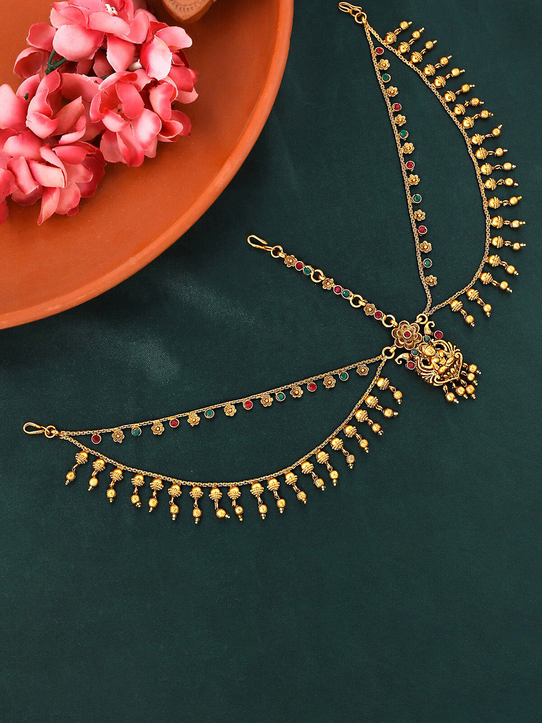 Yellow Chimes Gold-Plated Red & Green Stone-Studded Layered Bridal Traditional Mathapatti - Distacart