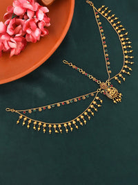 Thumbnail for Yellow Chimes Gold-Plated Red & Green Stone-Studded Layered Bridal Traditional Mathapatti - Distacart