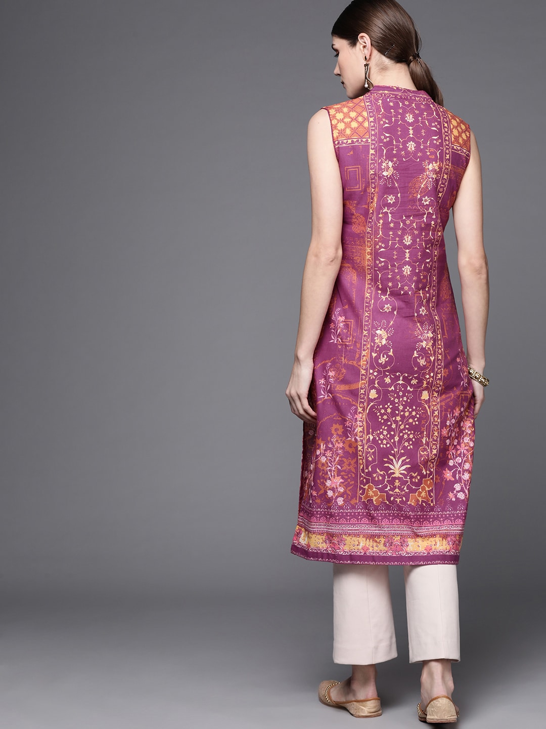 Biba Women Purple & Brown Pure Cotton Ethnic Motifs Printed V-Neck Sleeveless Kurta - Distacart
