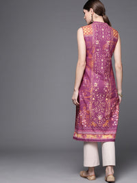 Thumbnail for Biba Women Purple & Brown Pure Cotton Ethnic Motifs Printed V-Neck Sleeveless Kurta - Distacart