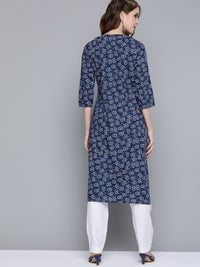 Thumbnail for HERE&NOW Women Navy Blue & White Ethnic Motifs Printed Keyhole Neck Kurta - Distacart