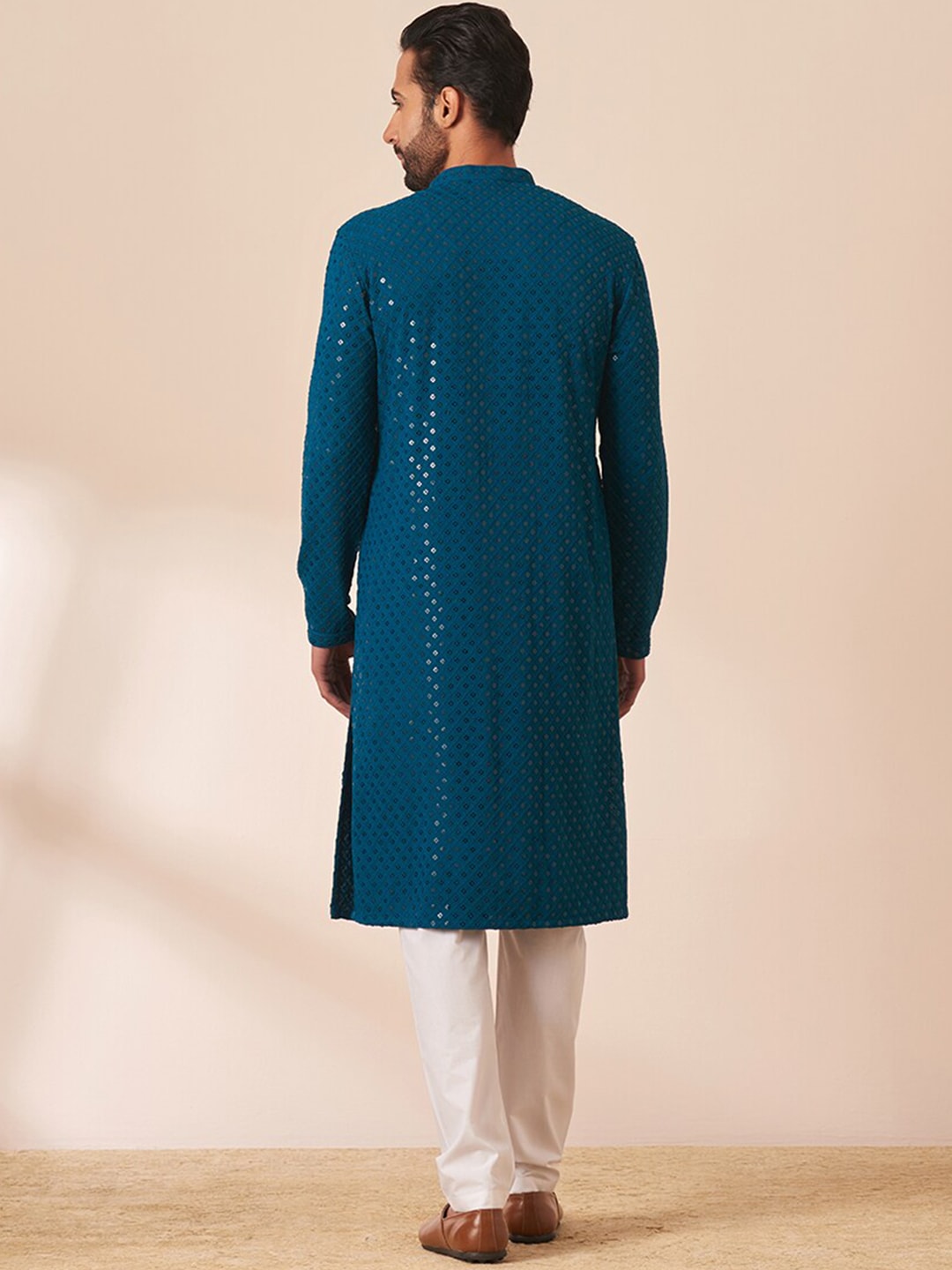 Manyavar Men Geometric Embroidered Mandarin Collar Sequined Kurta with Pyjamas - Distacart