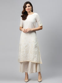 Thumbnail for Biba Women Off-White & Golden Printed Pure Cotton Straight Kurta - Distacart