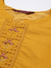 Thumbnail for Sangria Women Mustard Yellow & Green Ethnic Motifs Embroidered Cotton Kurta Set - Distacart