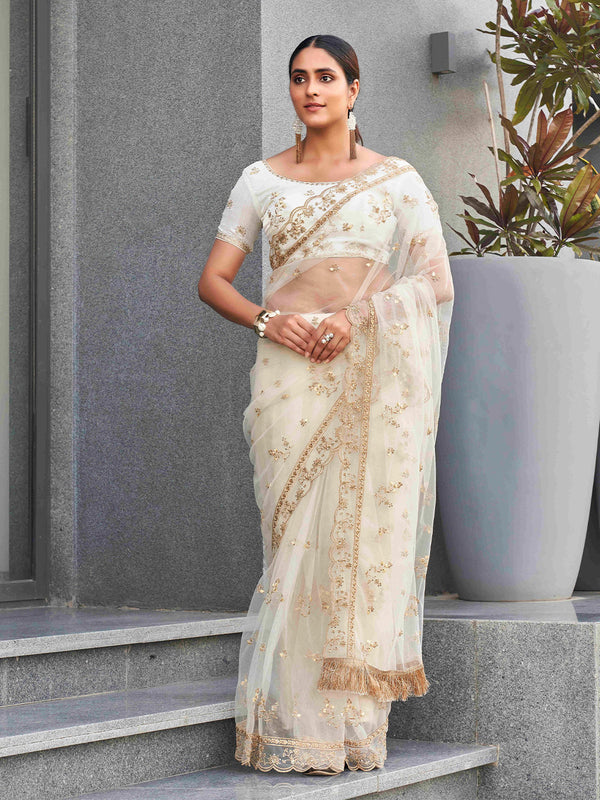 Tikhi Imli Ethnic Motifs Sequinned Embroidered Net Saree - Distacart