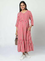 Thumbnail for Manet Three Fourth Maternity Dress Striped With Concealed Zipper Nursing Access - Pink - Distacart