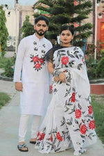 Thumbnail for Exclusive Collection Elegant Hand Printing Designe On Pure Cotton Saree And Men's Kurta - White - Distacart