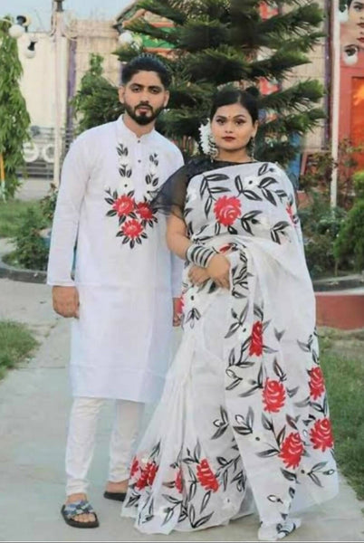 Exclusive Collection Elegant Hand Printing Designe On Pure Cotton Saree And Men's Kurta - White - Distacart