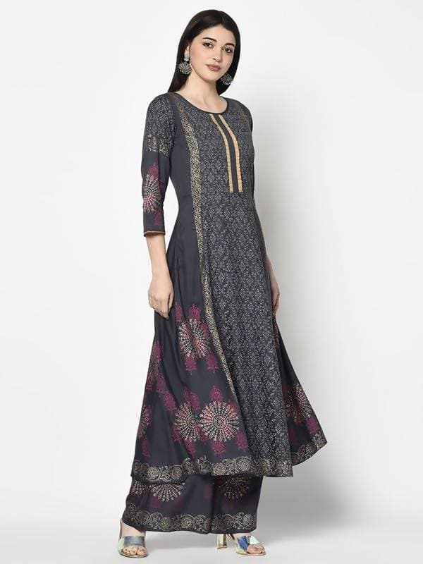Aniyah Rayon Dark Grey Color Block Print Anarkali Palazzo Set (AN-199K)