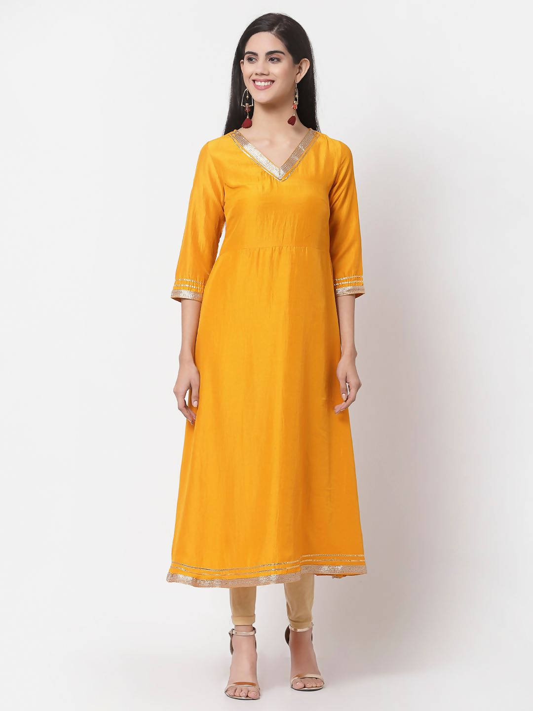 Myshka Yellow Printed Silk Blend 3/4 Sleeve V Neck Casual Kurta Dupatta Set