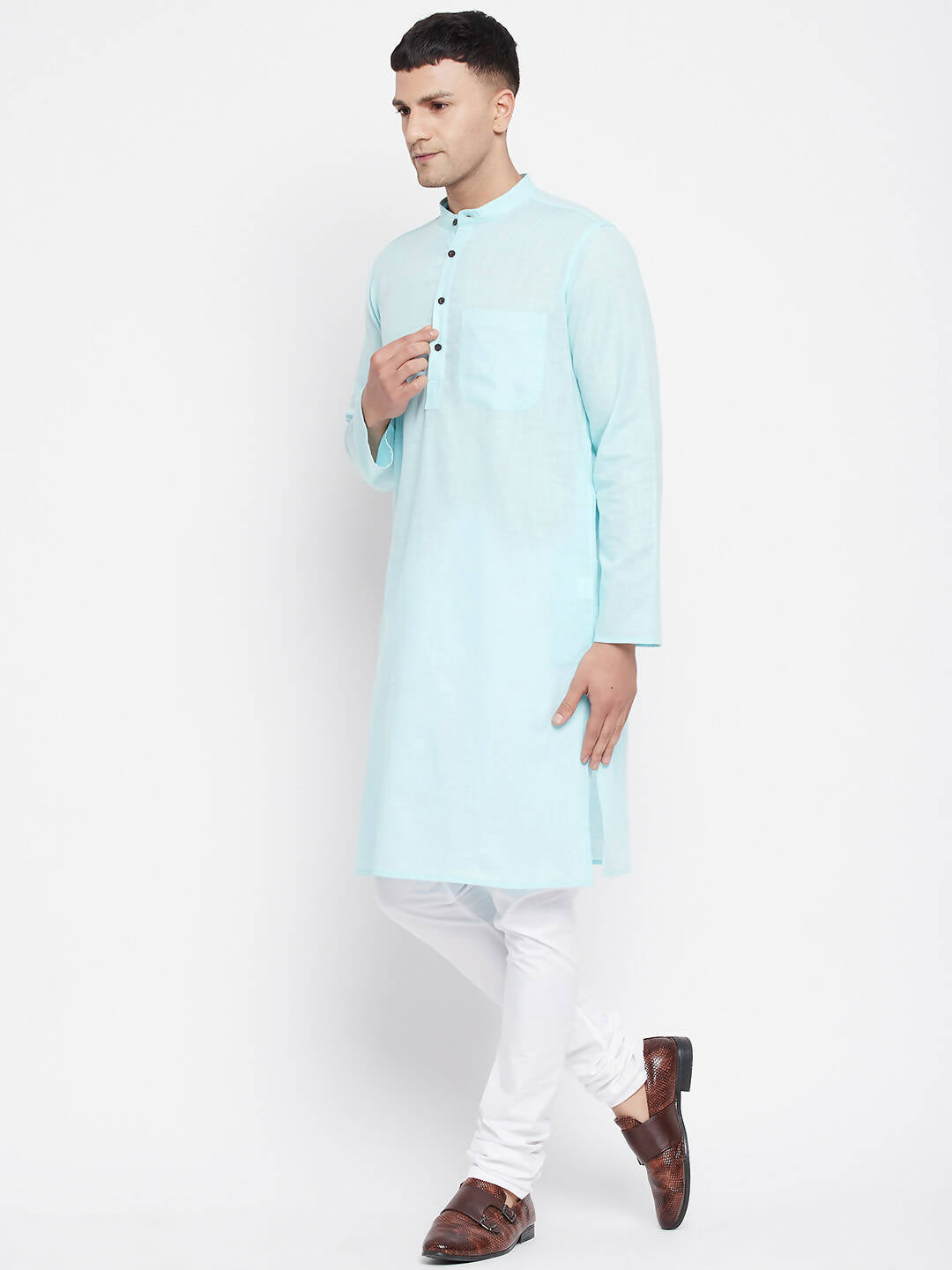 Even Apparels Pure Cotton Blue Color Men's Kurta With Band Collar - Distacart