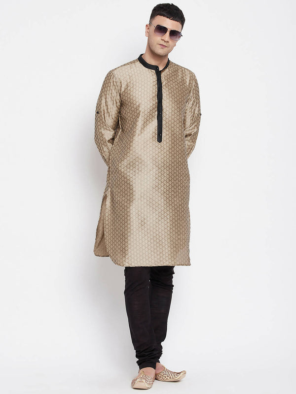 Even Apparels Beige Art Silk Men's Kurta With Contrast Collar And Placket - Distacart